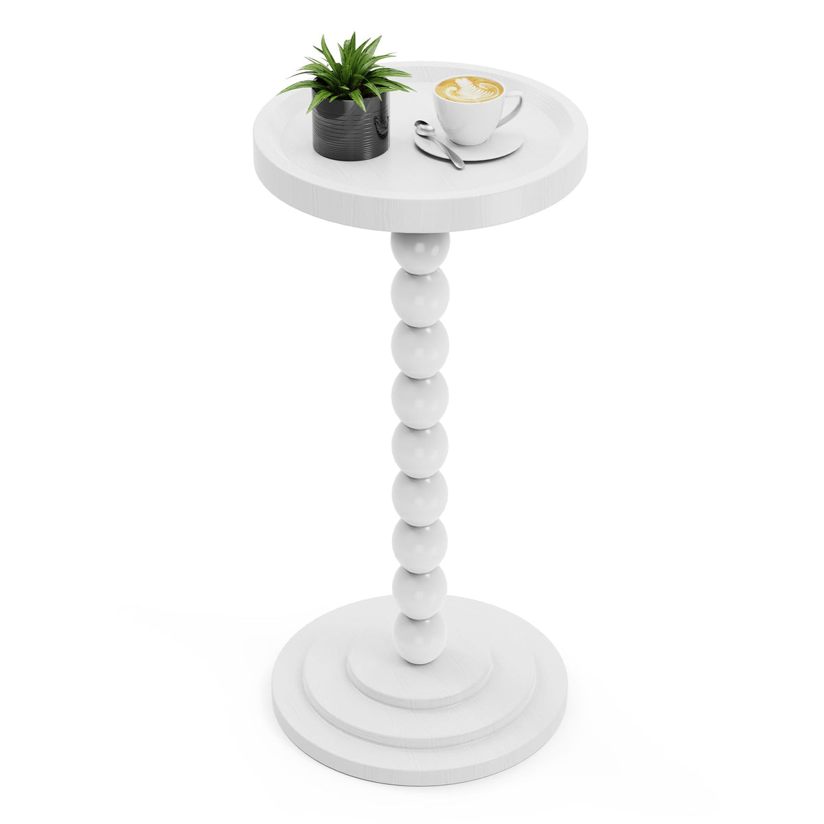 Round Wooden Side Table & Drink Table | Sturdy & Functional Mid-Century Modern Design with Solid Wood Columns for Living Room, Bedroom, Office & More