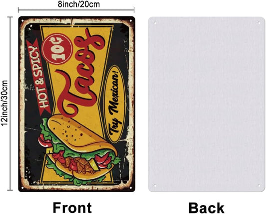 SUPERDANT Tacos Tin Signs Hot and Spicy Mexican Cuisine Metal Sign Poster Fast Food Vintage Wall Art Plaque Food Trucks Wall Decor for Mexican Restaurants Kitchen Bars Man Cave Garage Decoration Gift
