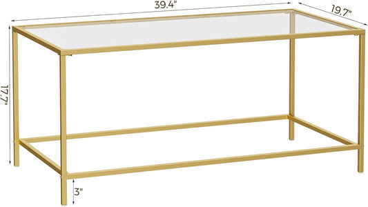 Homleke Glass Coffee Table, Modern Rectangular Coffee Table for Living Room, Minimalist Center Tea Table with Sturdy Metal Frame for Apartment, Office, Easy Assembly, 39.4 x 19.7 x 17.7 Inches, Golden