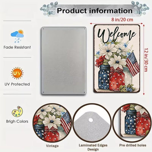 Smilelife Patriotic Floral Mason Jar USA Flag Welcome Tin Sign for Home Bedroom Man Cave Garage 4th of July Memorial Day Independence Day Decor 8 X 12 Inch (3707)