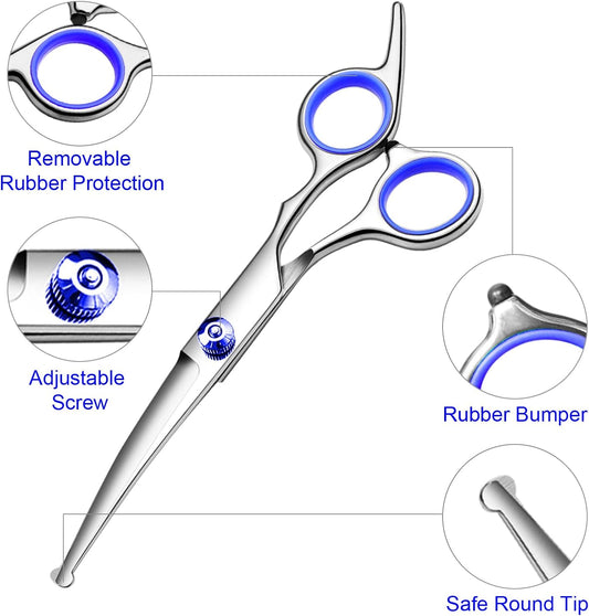 FAIGEO Dog Grooming Scissors Kit, Premium Stainless Steel Dog Shears with Curved Shears, Sharp Durable for Dogs Cats+Blue 3 Piece
