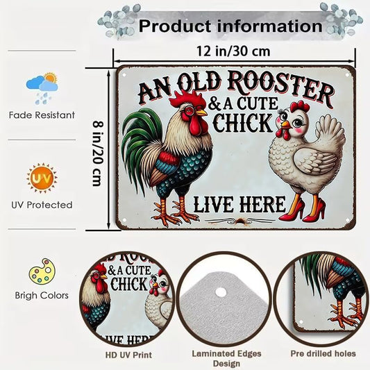 Smilelife Funny Gifts for Women Chicken Lovers Farm Enthusiasts An Old Rooster And A Cute Chick Live Here Chicken Tin Sign for Chicken Coop Farm Kitchen Garden Yard Decor 8 X 12 Inch (3821)
