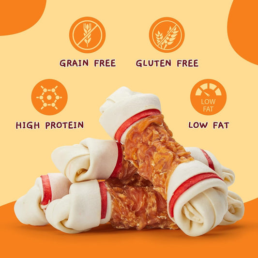 Jungle Calling Chicken Wrap Knotted Bones Dog Chews, Long Lasting Beefhide Treats Real Rawhide Bones for Large Dogs Edible Training Treats