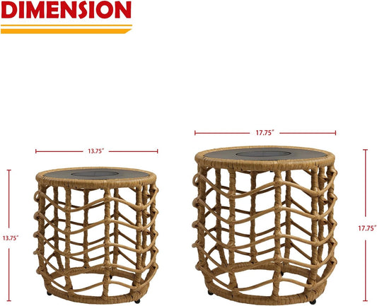 Solar Yard Boho Solar Nesting Tables with Built-in Lights - Set of 2, Weather-Resistant Wicker for Patio, Porch, Garden, Perfect Side Table for Outdoor Living, Natural & Stylish Design
