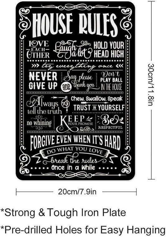 House Rules Metal Tin Sign – Black & White Family Rules Typography Poster, Chalkboard Farmhouse Rustic Wall Art for Entryway Kitchen Living Room, Vintage Home Decor 12x8 Inch