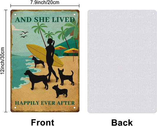 SUPERDANT Surfing Girl Tin Signs Summer Cottage Metal Sign Poster And She Lived Happily Ever After Vintage Wall Art Plaque for Beach Café Cabin Patio Pool Living Room Bedroom Decoration