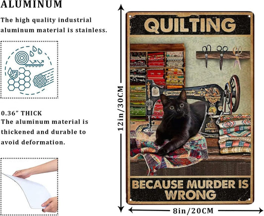 EMOHAT Quilting Because Murder Is Wrong Black Cat For Sewing Room Decor Gifts Best Decor Gift Ideas For Friends Metal Tin Painting Wall Decoration 8x12 Inch