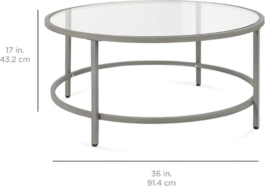 Best Choice Products 36in Modern Round Tempered Glass Accent Side Coffee Table for Living Room, Dining Room, Tea, Home Décor w/Metal Frame, Non-Marring Foot Caps - Gray