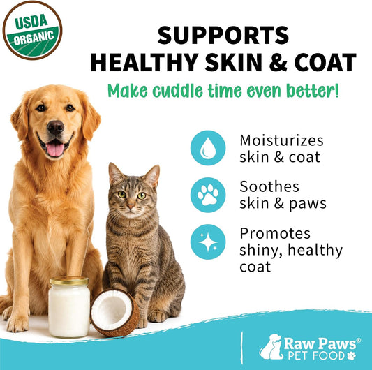 Raw Paws Virgin Organic Coconut Oil for Dogs & Cats (4-oz) - Skin & Coat | Dry Nose & Paw Balm - Itchy Skin Support - Hot Spot Care - Cat Hairball Support - Edible Pet Supplement