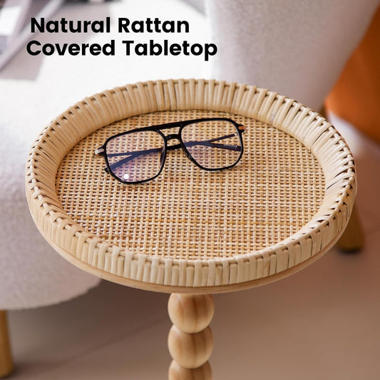 Drink Table,Rattan Round Small Side Table for Small Spaces, Boho Circle End Table Coffee Table with Solid Wood Leg for Living Room, Pedestal Table for Bedroom, Corners