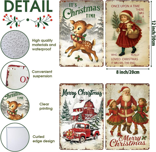 4 Pcs Vintage Christmas Wall Sign Metal Red Truck Little Girl Plaque Sign Decorations Santa Claus Elk Wall Art for Home Coffee Shop Retro Christmas Decor, 8 x 12 Inch