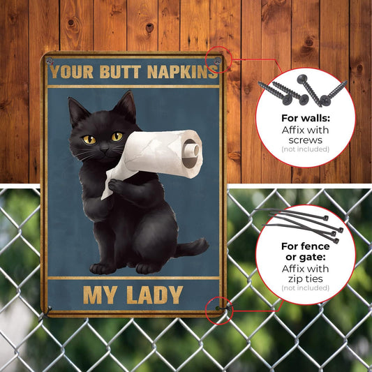 HYBLOM Funny Bathroom Artwork for Wall Art Decor Your Butt Napkins My Lady Black Cat Metal Tin Sign 12x8 Inches