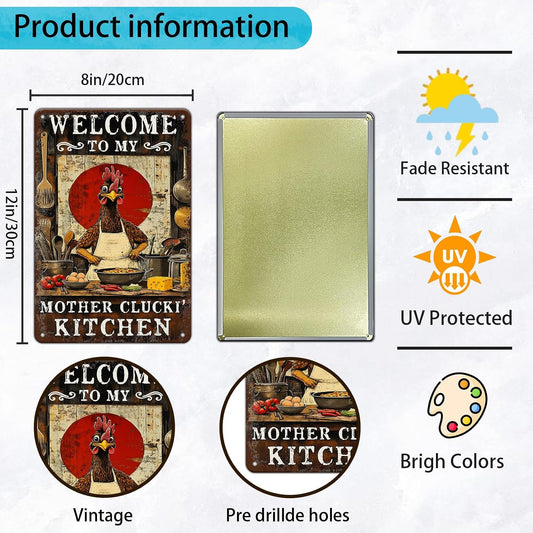 Funny Chicken Signs Welcome To My Kitchen Humorous Cartoon Rooster Cooking Aluminium Sign Metal Chicken Signs Decor Home Ktichen Farm Are Wall 12x8 Inch Vintage Chicken Signs Metal Tin Poster