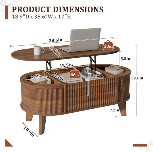 Fluted Lift Top Coffee Table with Storage,Modern Oval Coffee Table for Living Room or Home Office(Walnut)