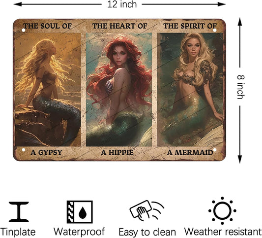 Ostapt Mermaid Vintage Metal Tin Sign The Soul of a Gypsy The Heart of a Hippie The Spirit of a Mermaid Bedroom Cafe Bar Man Cave Bathroom Home Wall Decor Beach Wall Art Gifts 12x8 inch
