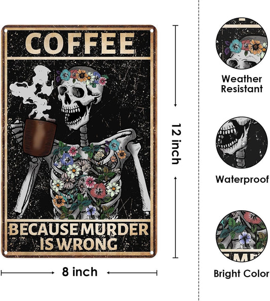 Sanwarm Metal Sign Coffee Skull Retro Flower Horror Vintage Tin Sign For Living Room Cafe Bar Club Office Home Wall Decor 12 X 8 Inch