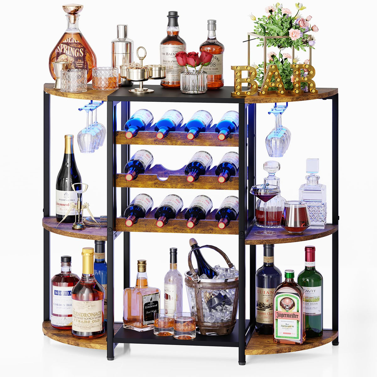 JKsmart Small Wine Bar Cart with LED Lights, Mini Wine Rack with Storage and Glass Holder, Home Bar Cart for Liquor, 3-Tier Bar Table for Kitchen, Dining Room, Living Room, Rustic Brown