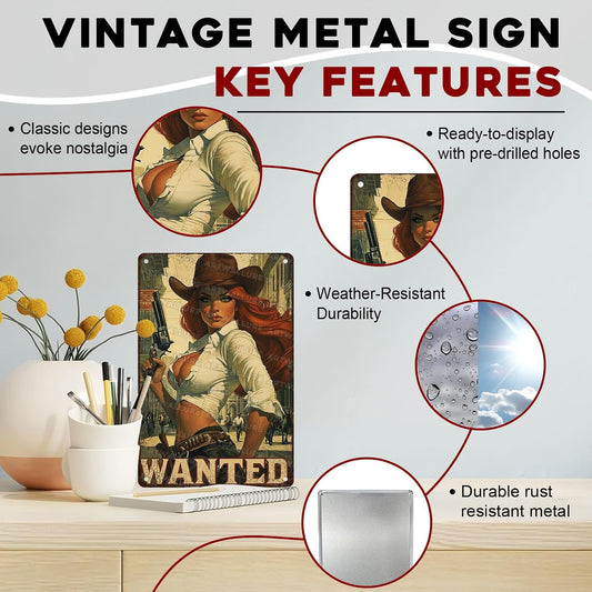 Retro Cowgirl Tin Sign Metal Wall Art Rustic Western Home Decor Wanted Theme 8x12inch