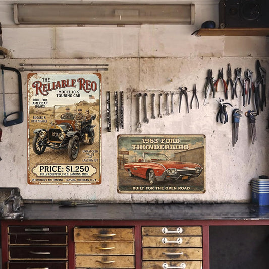 Vintage Car Sign Retro Sports Car Metal Tin Signs, Tin Sign Car for Garage Decor, Classic Car Decor Early American Metal Garage Sign for Man Cave, 8x12 Inch (REO model 10-S)