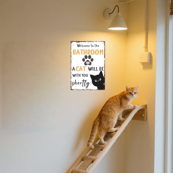 Vintage Tin Metal Sign - Funny Bathroom Black and White Cat Wall Art for Bathroom or Toilet for Home or Office, 12x8 Inch