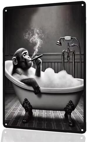 Chimpanzee Smoking Cigar in Bathtub Aluminum Tin Sign - 8x12 Inches Funny Bathroom Wall Decor, Quirky Animal Art