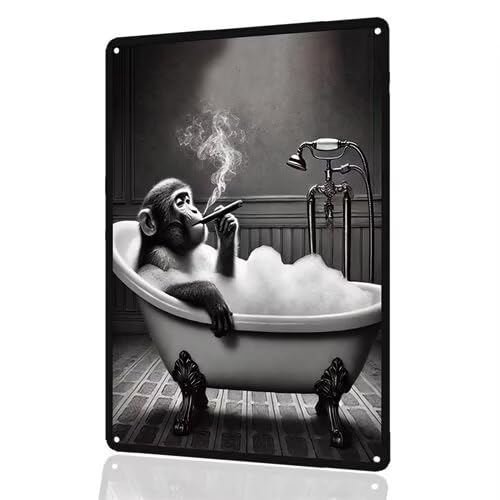 Chimpanzee Smoking Cigar in Bathtub Aluminum Tin Sign - 8x12 Inches Funny Bathroom Wall Decor, Quirky Animal Art