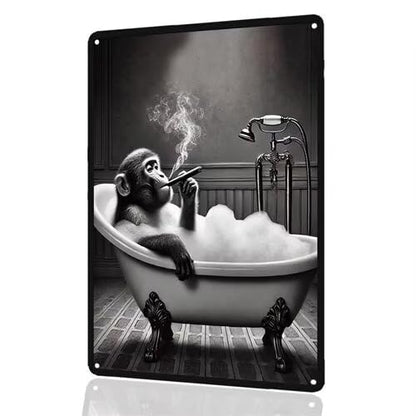 Chimpanzee Smoking Cigar in Bathtub Aluminum Tin Sign - 8x12 Inches Funny Bathroom Wall Decor, Quirky Animal Art