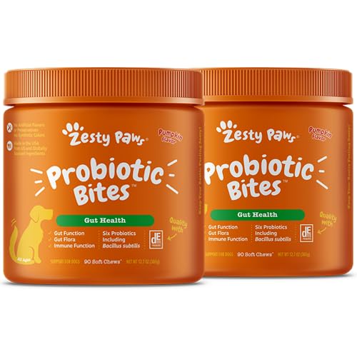 Zesty Paws Probiotics for Dogs - Digestive Enzymes for Gut Flora, Digestive Health, Diarrhea & Bowel Support - Clinically Studied DE111 - Dog Supplement Soft Chew for Pet Immune System - Pumpkin, 90ct