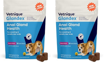 Vetnique Glandex Anal Gland Soft Chew Treats with Pumpkin for Dogs Digestive Enzymes, Probiotics Fiber Supplement for Dogs Boot The Scoot (Advanced Strength Duck/Bacon, 60 Ct)