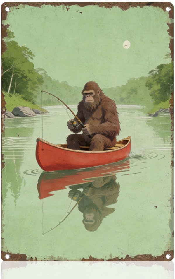 Sasquatch Fishing in Canoe Tin Sign Retro Metal Wall Decor 8" x 12" Vintage Fishing Sasquatch Wall Art Poster for Home Room Cafes Bar Pub Outdoor Bathroom Garage Man Cave Decor Gift