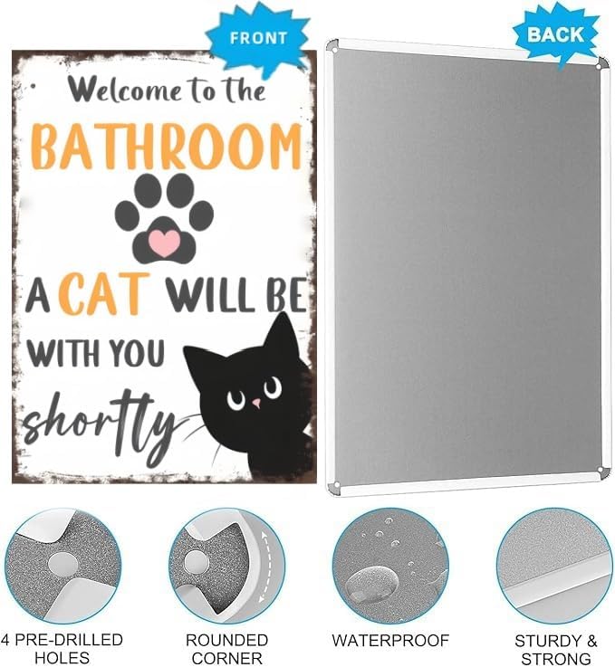 Vintage Tin Metal Sign - Funny Bathroom Black and White Cat Wall Art for Bathroom or Toilet for Home or Office, 12x8 Inch