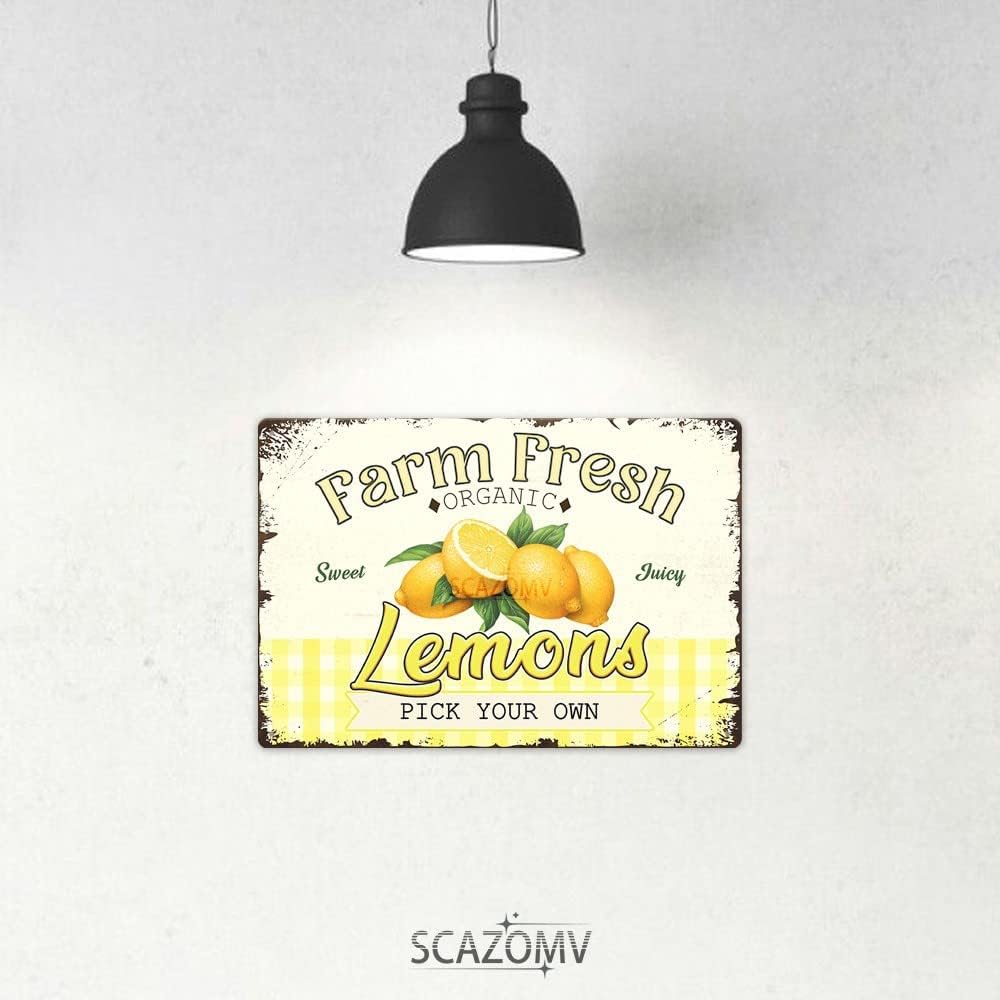Farm Fresh Sweet Juicy Lemons Vintage Metal Tin Sign, Retro Fruit Poster Decorative Wall Art Signage, Farmhouse Country Market Kitchen Bar Home Decor, 12" X 8"
