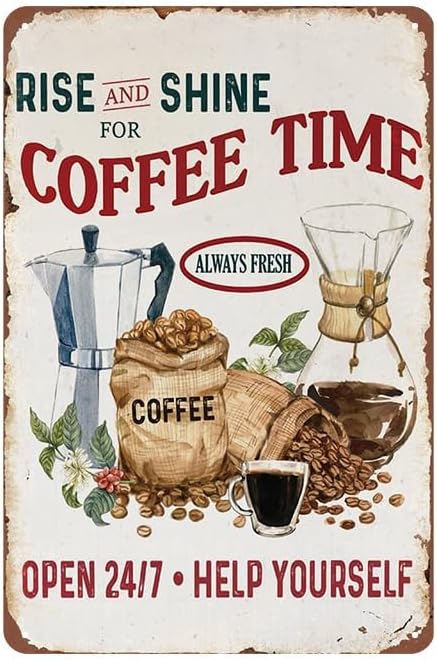 YOYI ART Rise and Shine Coffee Sign - Rustic Vintage Metal Tin Wall Decor for Kitchen, Bar, Station - Gift for Coffee Lovers, 8 x 12 Inch