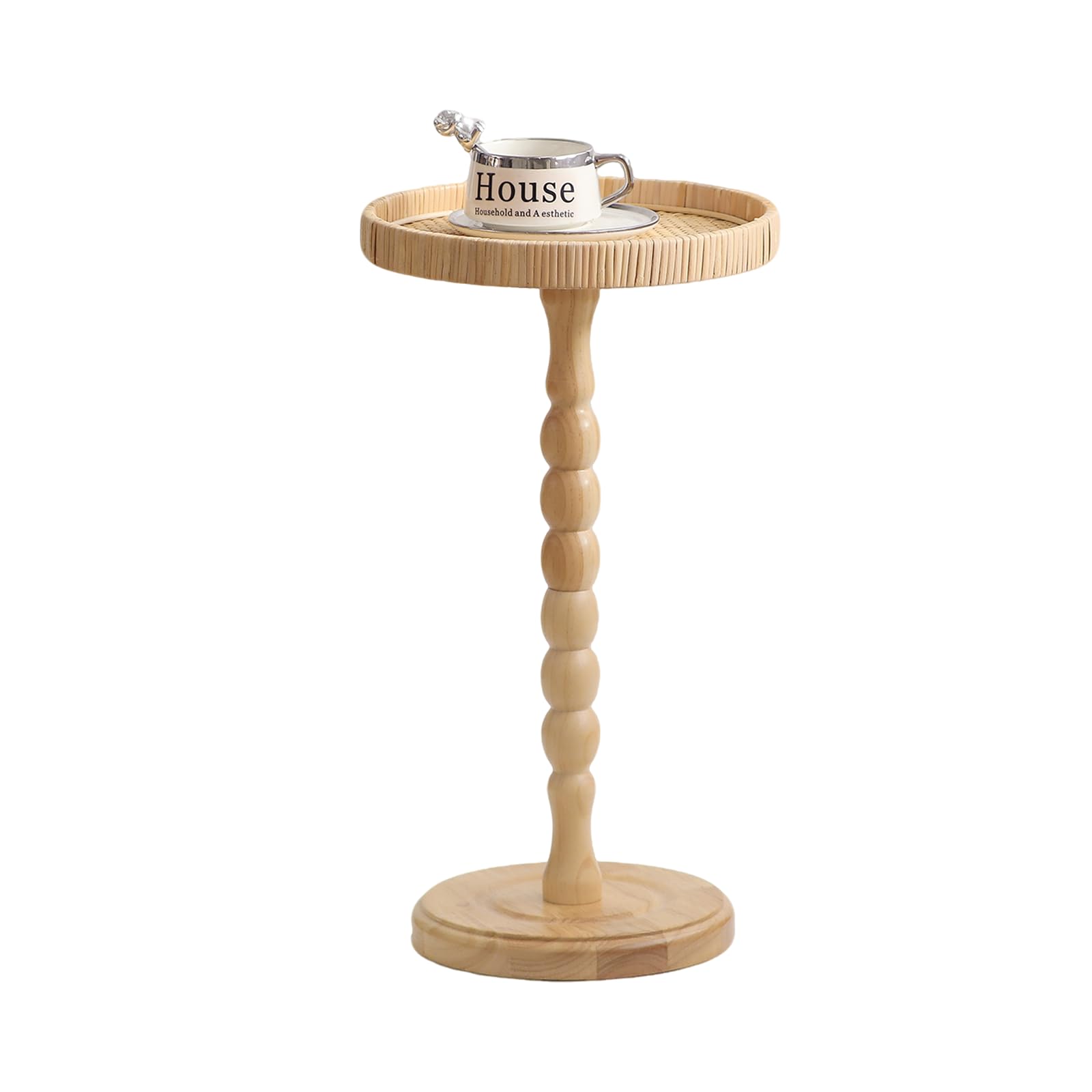 Drink Table，Rattan Round Small Side Table for Small Spaces, Boho Circle End Table Coffee Table with Solid Wood Leg for Living Room, Pedestal Table for Bedroom, Corners