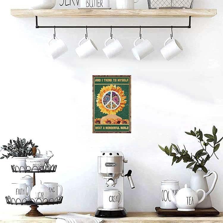 Vintage Hippie Peace Sign And I Think to Myself What A Wonderful World Metal Tin Sign Sunflower Girl Poster Peace Decor For Home Cafe Office 8x12 Inch