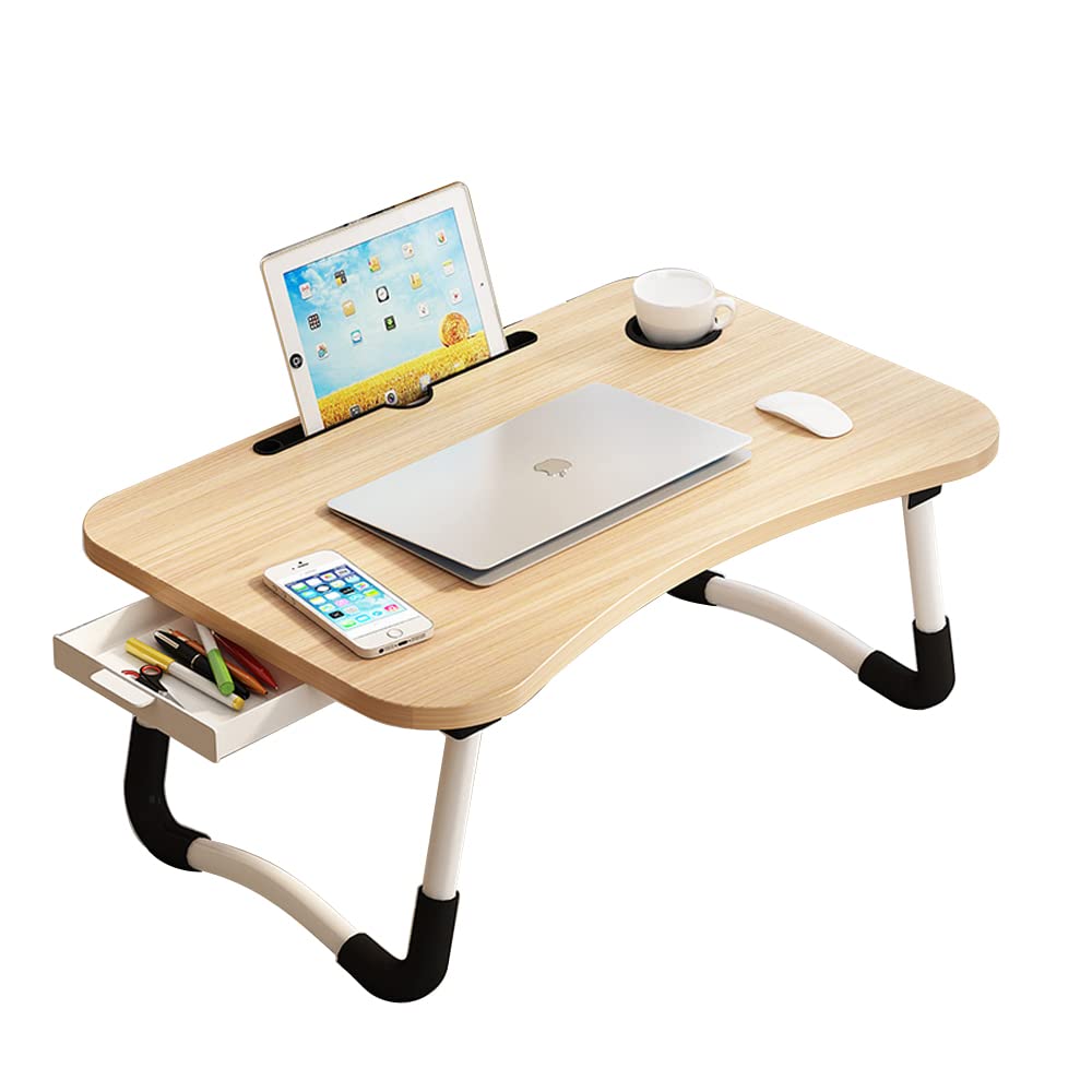 Home Office Lap Desk with Storage Drawer, Cup and Phone Holder, Laptop Bed Tray Table, 23.6" Foldable Desk, Laptop Stand for Breakfast, Working, Writing, Gaming and Drawing