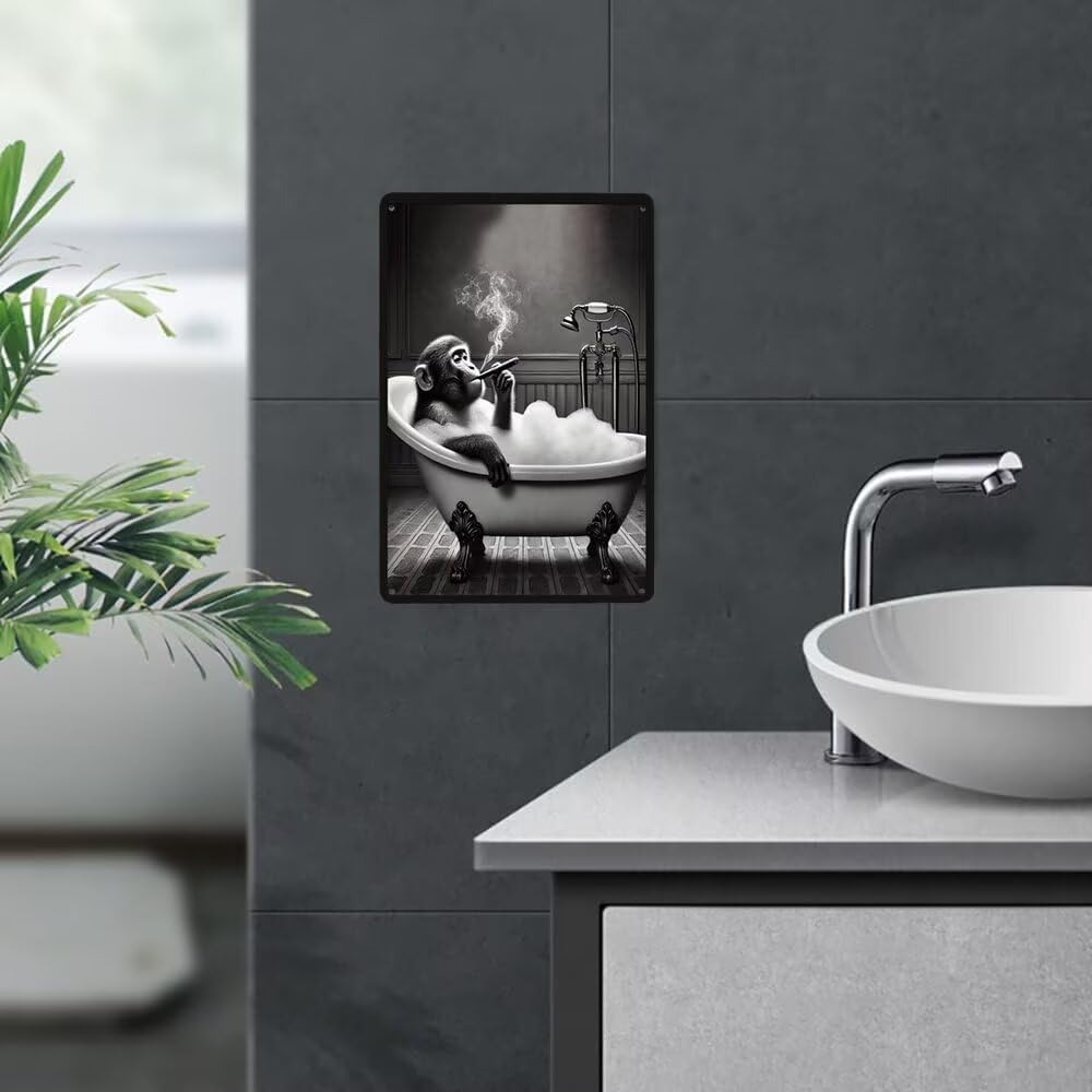 Chimpanzee Smoking Cigar in Bathtub Aluminum Tin Sign - 8x12 Inches Funny Bathroom Wall Decor, Quirky Animal Art