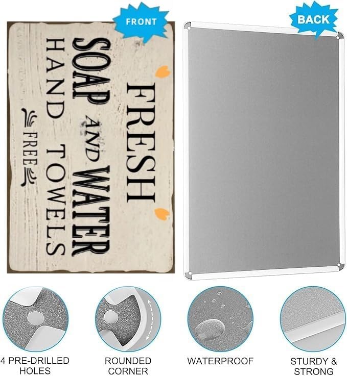Vintage Bathroom Sign - Vintage Metal Wall Art for Bathroom or Laundry Room, Rustic Tin Decor for Farmhouse, Cafe, Bar, 12x8 Inch
