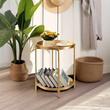 TeoKJ 2 Tier Gold Side Table, Folding Round Metal End Table Small Nightstand with Two Removable Tray for Bedroom Living Room Small Spaces Bedside Gold