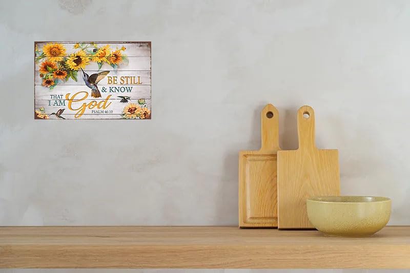 Vintage Be Still & Know That I Am God Metal Tin Sign Inspirational Scripture Poster Sunflower Bible Verse Wall Art Sign Hummingbirds Biblical Decor For Home Garden Kitchen 12x8 Inch