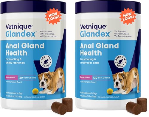 Vetnique Glandex Anal Gland Soft Chew Treats with Pumpkin for Dogs Digestive Enzymes, Probiotics Fiber Supplement for Dogs Boot The Scoot (Advanced Strength Duck/Bacon, 60 Ct)