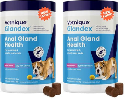 Vetnique Glandex Anal Gland Soft Chew Treats with Pumpkin for Dogs Digestive Enzymes, Probiotics Fiber Supplement for Dogs Boot The Scoot (Advanced Strength Duck/Bacon, 60 Ct)