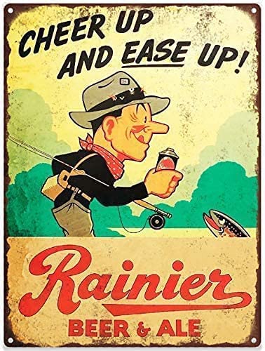Fashionable Rainier Beer Ale Fishing Mancave Garage Shop 8x12 Inch Metal Tin Sign