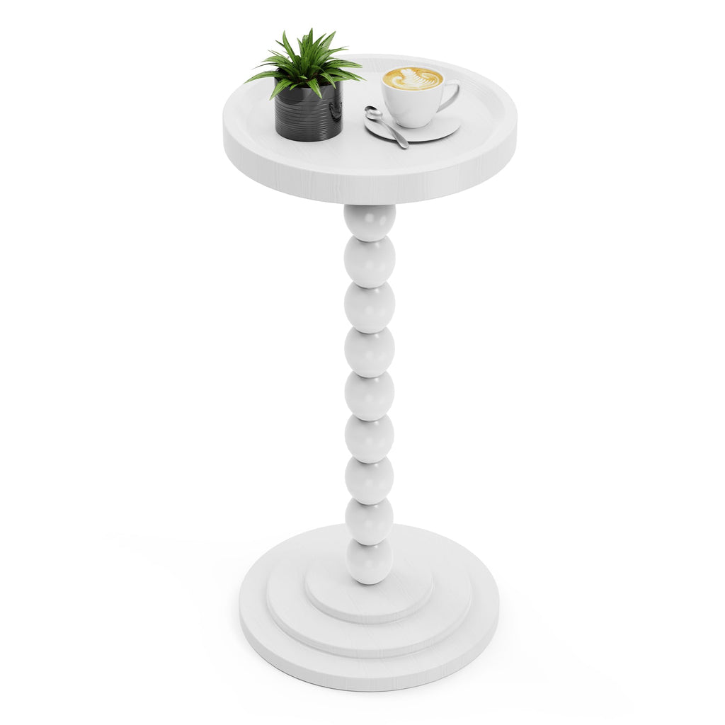 Round Wooden Side Table & Drink Table | Sturdy & Functional Mid-Century Modern Design with Solid Wood Columns for Living Room, Bedroom, Office & More
