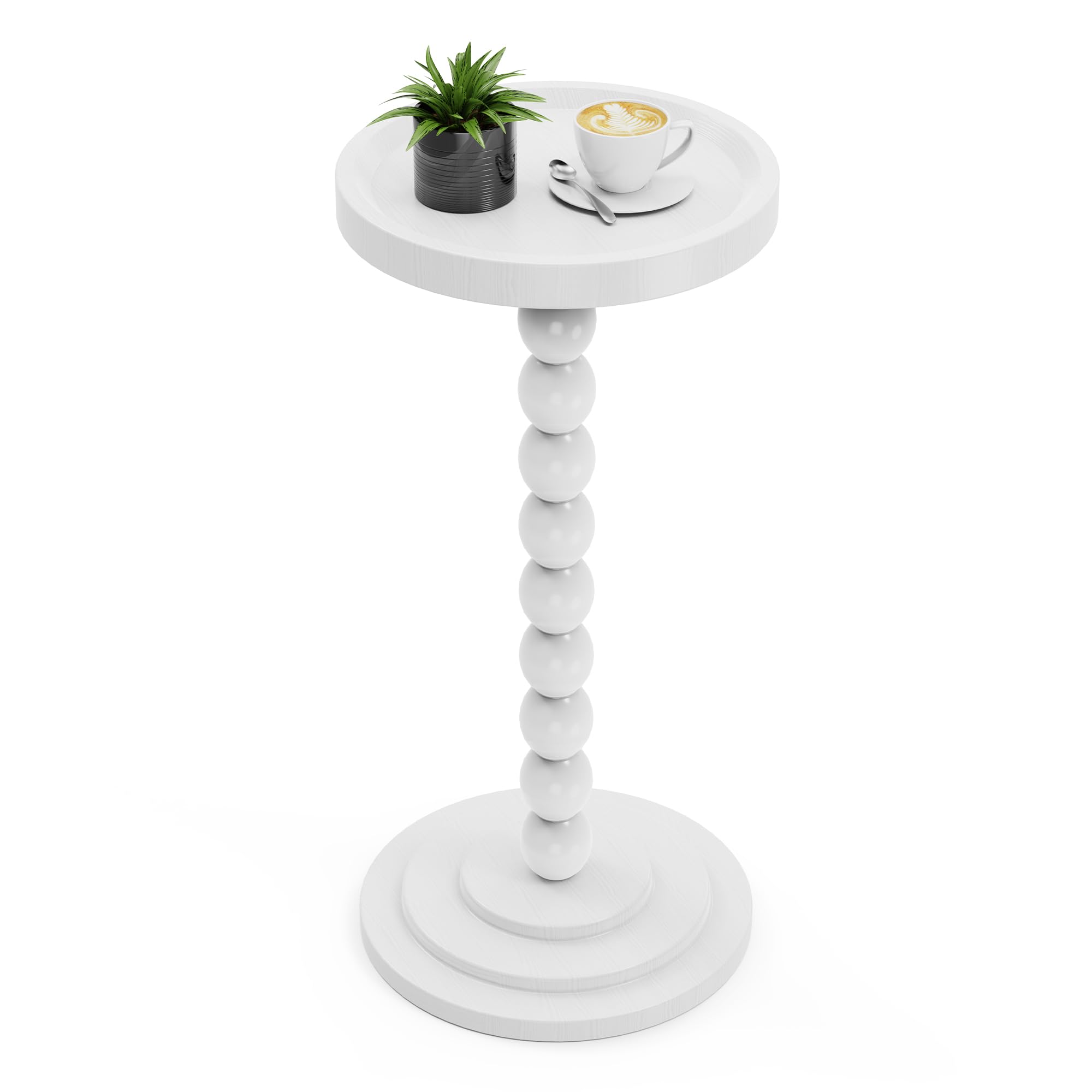 Round Wooden Side Table & Drink Table | Sturdy & Functional Mid-Century Modern Design with Solid Wood Columns for Living Room, Bedroom, Office & More