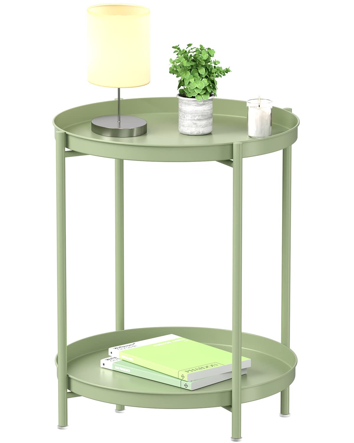 EKNITEY 2 Tier End Table - Metal Side Table Waterproof Small Sofa Coffee Side Tables Bedroom Indoor Outdoor with Removable Tray for Living Room Bedroom Balcony and Office (Black)