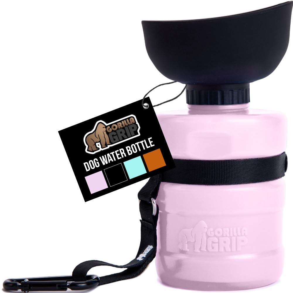 GORILLA GRIP Dog Water Bottle, Portable Water Bowl Dispenser for Dogs, 20 oz Leak Proof Pet Travel Squeeze Bottles, Food Grade Silicone, to Go Puppy Essentials, Hiking Camping Trip Accessories, Pink