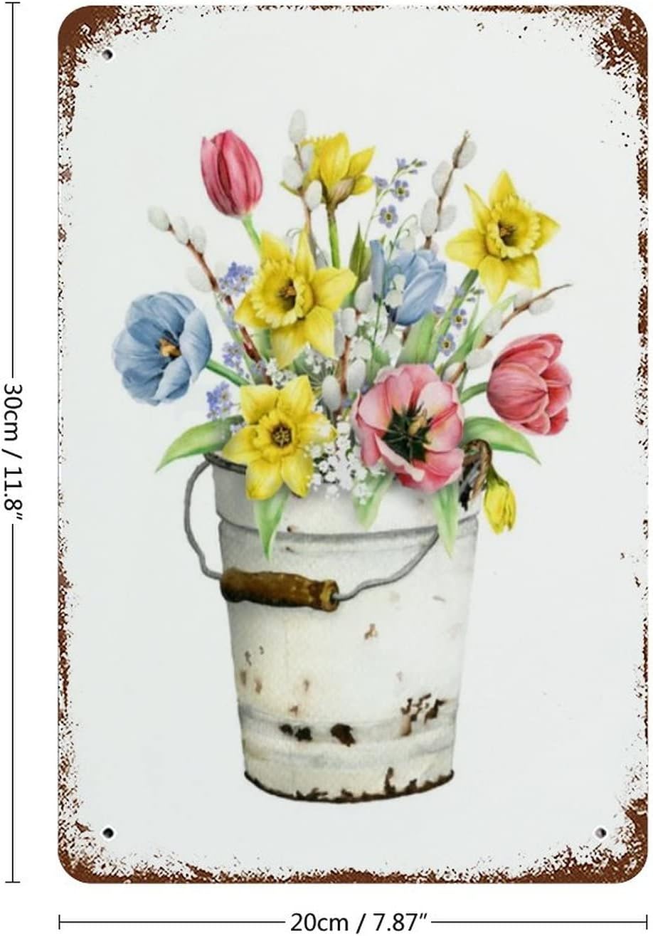 VIOFLOW Daffodil Floral Bouquet Farmhouse Metal Tin Sign Spring Flowers Wall Decor Funny Decoration for Home Kitchen Bar Garage Vintage Retro Poster Plaque Tin Signs 8X12 Inches
