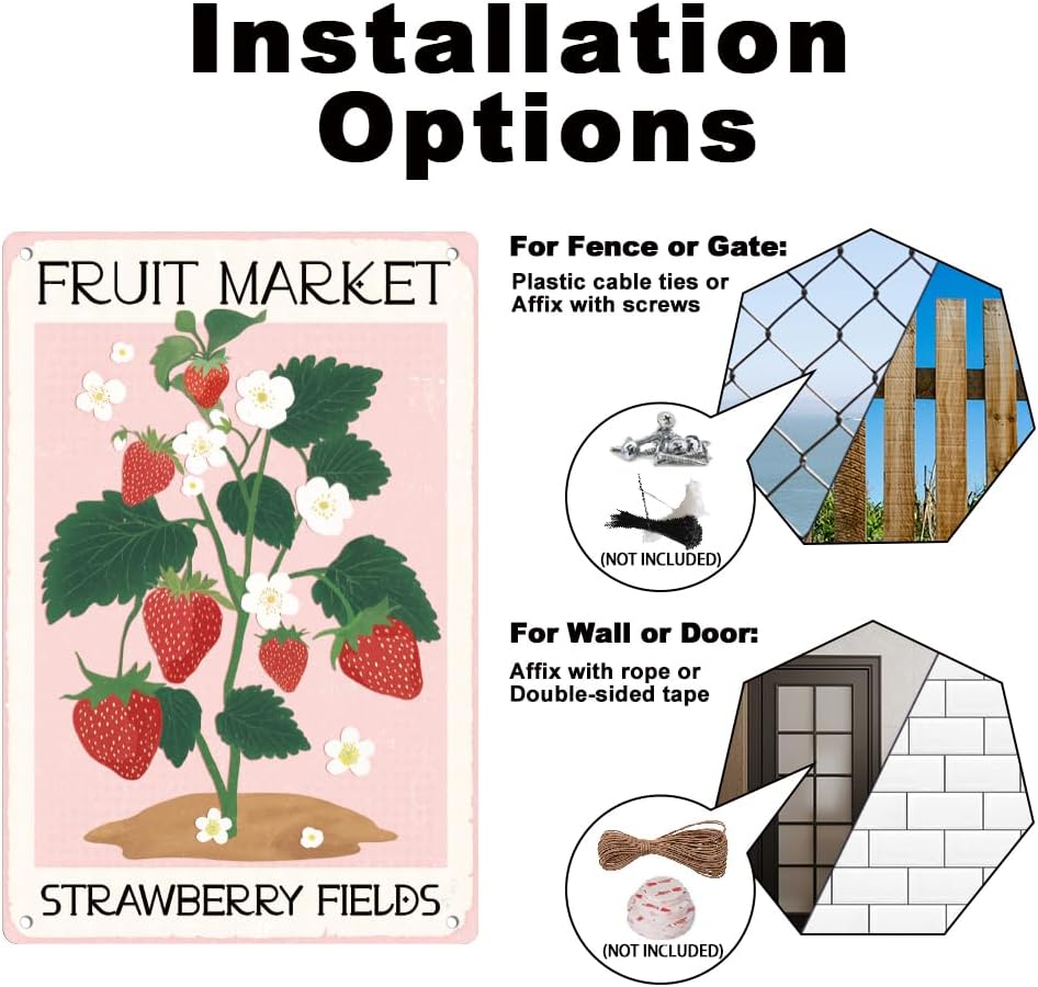 Strawberries Fields Retro Wall Decor Metal Tin Sign 8" x 12" Farm Fruit Market Vintage Wall Art Poster for Farmhouse Barn Garden Outdoor Clubs Room Home Coffee Cafes Decor Gift