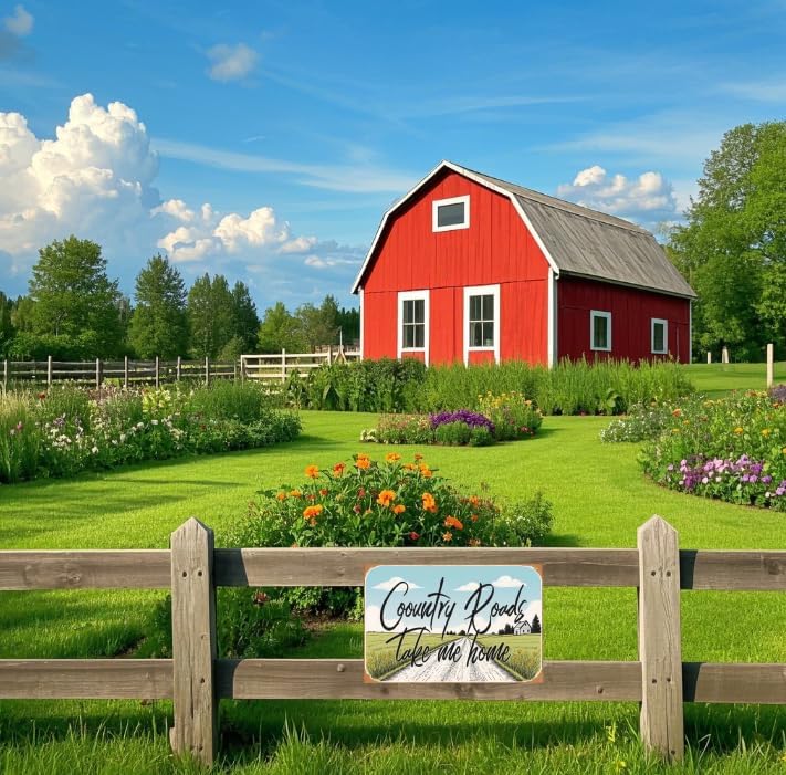 Farmhouse Metal Tin Sign, Vintage Road Style Decor for Home, Office and Porch, "Country Roads Take Me Home" 8x12 Inch
